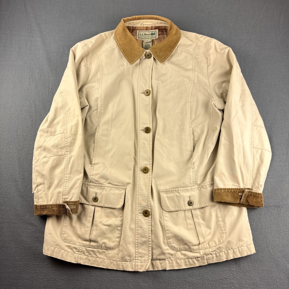 LL Bean Barn Jacket Women's XL Beige Adirondack Corduroy Plaid Lined Field Coat
